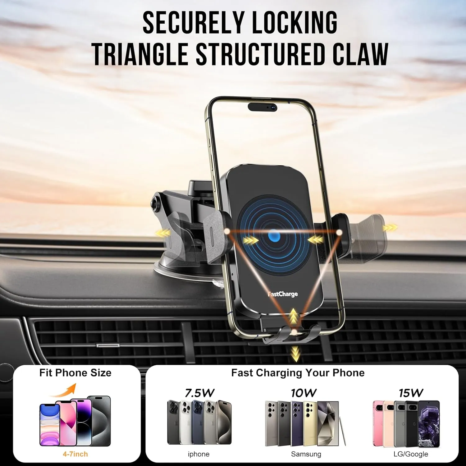 Wireless Car Charger, Fast Charging 15W Auto Clamping Car Charger Phone Holder Phone Mount for iPhone16 15 14 13 12 11 Pro Max Xs, Samsung Galaxy S24 Ultra S23 S22 S21 S20 S10  Note 9, etc