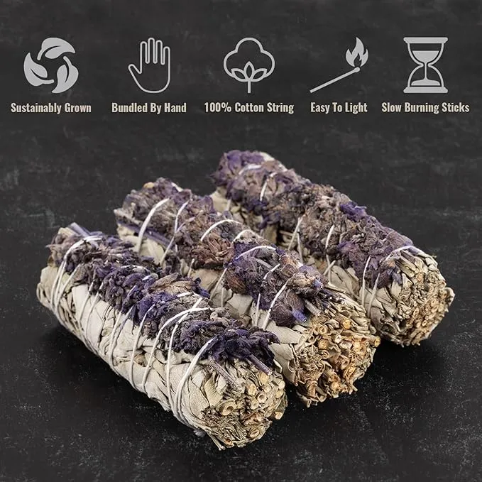 Wish Well Sage Smudge Kit - 3 Lavender Sage Sticks, 2 Palo Santo Sticks, Abalone Shell, Stand, Feather, 7 Chakra Stones & Crystal Bracelet ~ Sage Incense Sticks for Cleansing House & Meditation