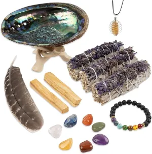 Wish Well Sage Smudge Kit - 3 Lavender Sage Sticks, 2 Palo Santo Sticks, Abalone Shell, Stand, Feather, 7 Chakra Stones & Crystal Bracelet ~ Sage Incense Sticks for Cleansing House & Meditation