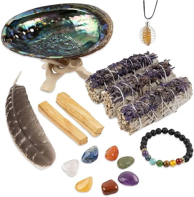 Wish Well Sage Smudge Kit - 3 Lavender Sage Sticks, 2 Palo Santo Sticks, Abalone Shell, Stand, Feather, 7 Chakra Stones & Crystal Bracelet ~ Sage Incense Sticks for Cleansing House & Meditation