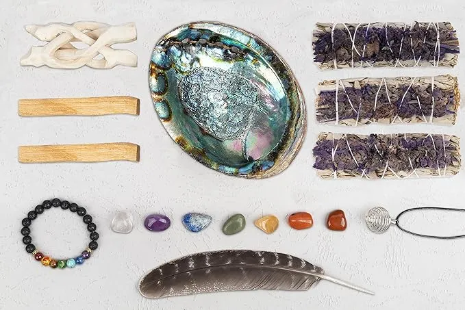 Wish Well Sage Smudge Kit - 3 Lavender Sage Sticks, 2 Palo Santo Sticks, Abalone Shell, Stand, Feather, 7 Chakra Stones & Crystal Bracelet ~ Sage Incense Sticks for Cleansing House & Meditation