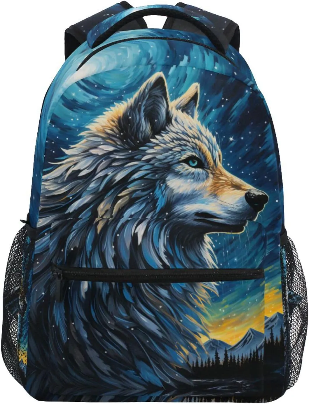 Wolf Blue Starry Sky Backpacks 3rd 4th 5th Grade School Bookbags Travel Laptop Daypack Bag Purse for Boys Girls Teens, Large, p203c237s337
