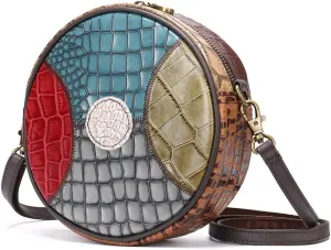 Women's Crossbody Round Purse Small Size, Leather Multicolor Shoulder Bag Ladies Side Pouch Patchwork Style