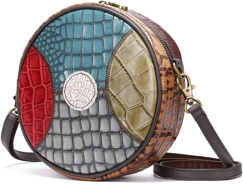 Women's Crossbody Round Purse Small Size, Leather Multicolor Shoulder Bag Ladies Side Pouch Patchwork Style