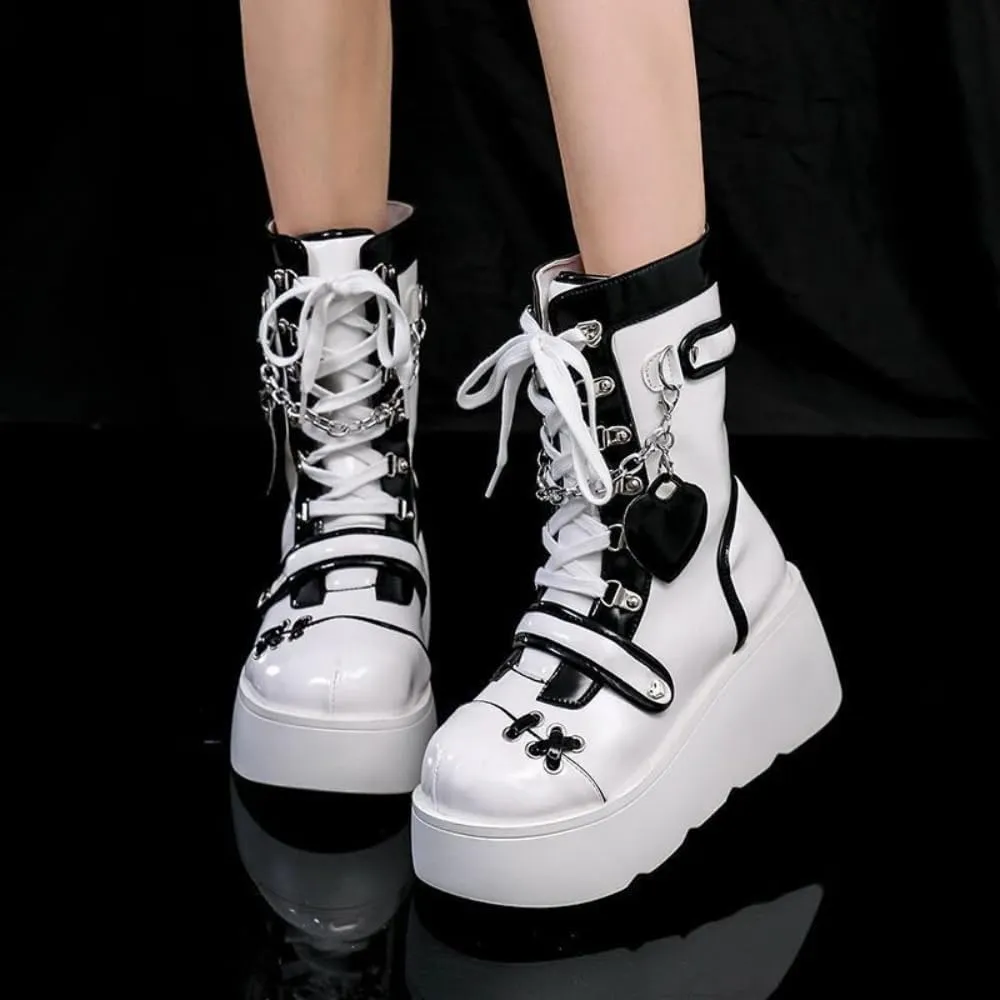 Women's Goth Platform Ankle Boots with Cute Heart Buckles Chunky Block Heels Round Toe Zipper Punk Motorcycle Combat Boots Short Gothic Booties