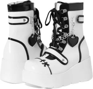 Women's Goth Platform Ankle Boots with Cute Heart Buckles Chunky Block Heels Round Toe Zipper Punk Motorcycle Combat Boots Short Gothic Booties