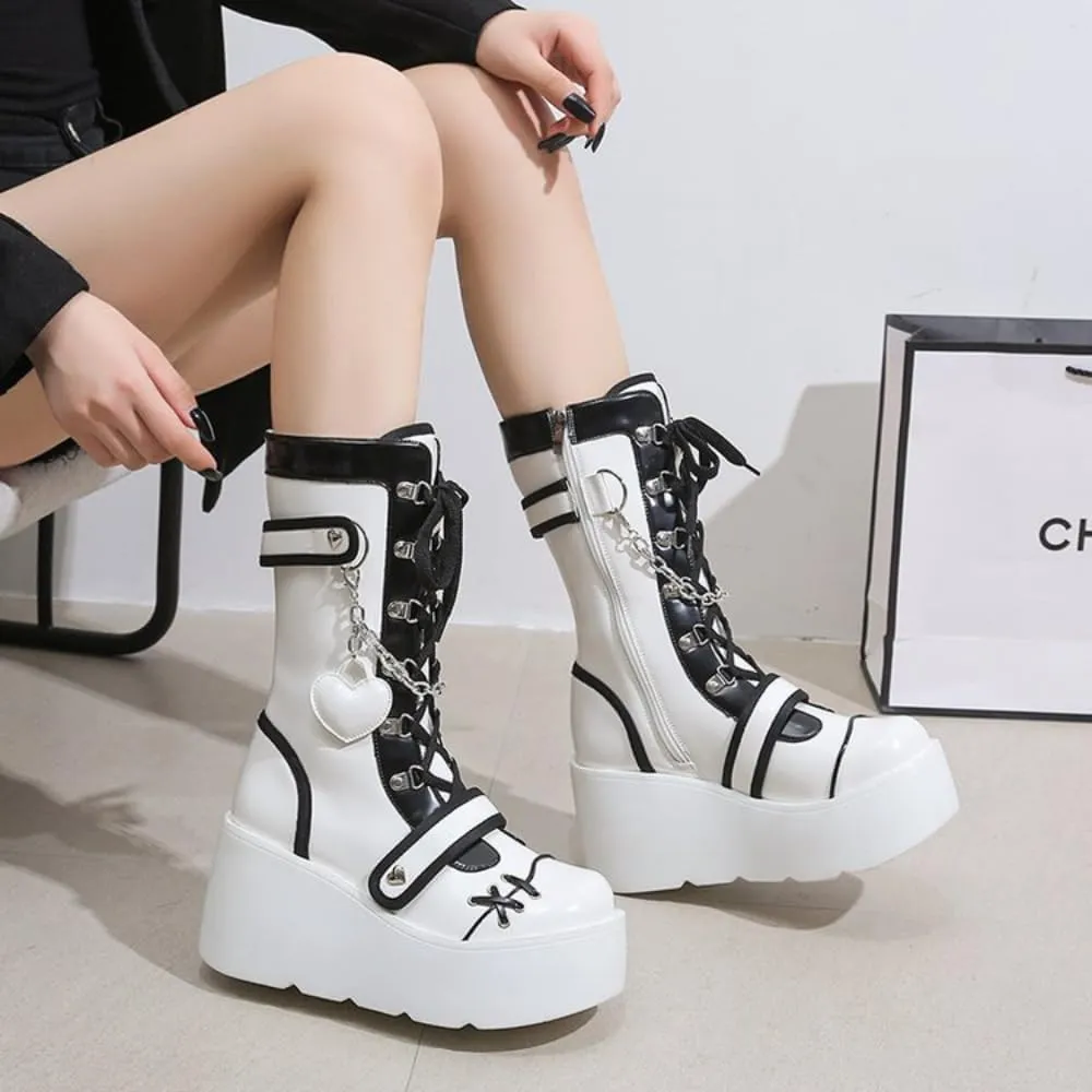 Women's Goth Platform Ankle Boots with Cute Heart Buckles Chunky Block Heels Round Toe Zipper Punk Motorcycle Combat Boots Short Gothic Booties