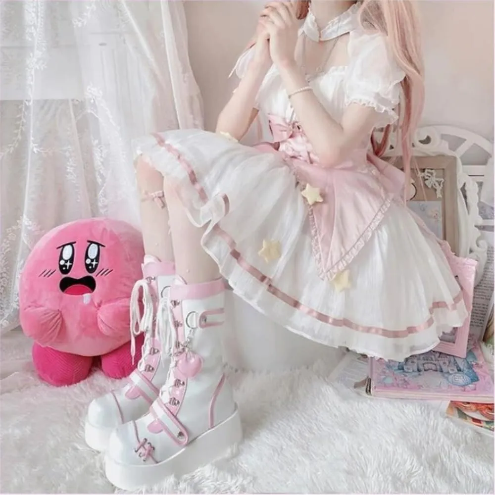 Women's Goth Platform Ankle Boots with Cute Heart Buckles Chunky Block Heels Round Toe Zipper Punk Motorcycle Combat Boots Short Gothic Booties