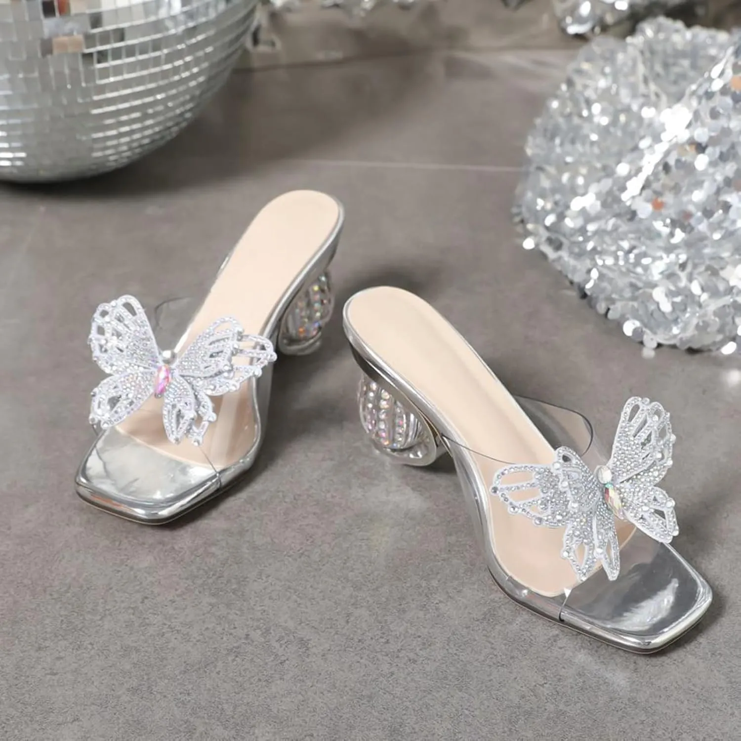 Womens Heeled Sandals Rhinestone Butterfly Heels Mules Square Open Toe Clear Low Block Chunky Low Heels Slipper