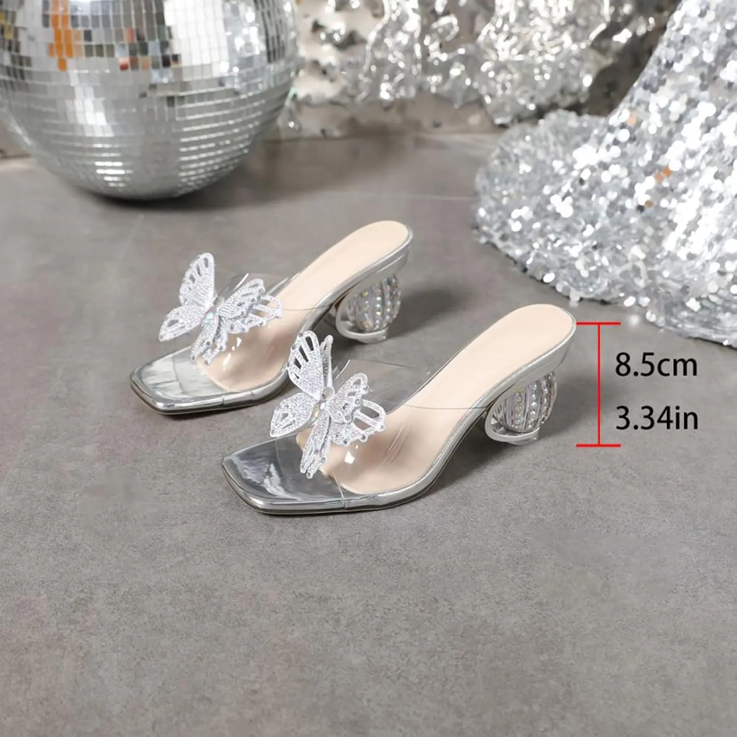 Womens Heeled Sandals Rhinestone Butterfly Heels Mules Square Open Toe Clear Low Block Chunky Low Heels Slipper