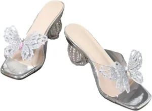 Womens Heeled Sandals Rhinestone Butterfly Heels Mules Square Open Toe Clear Low Block Chunky Low Heels Slipper