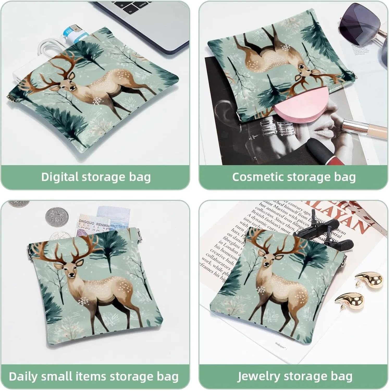 Women’s Pocket Cosmetic Bags, Waterproof Leather Makeup Bag No Zipper Self-Closing Makeup Pouch for Girls, Mini Bag for Purse - Cute Christmas Elk-1834