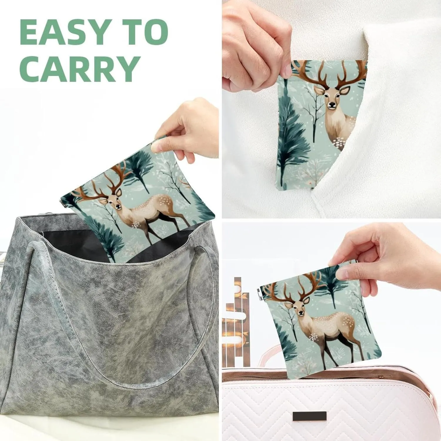Women’s Pocket Cosmetic Bags, Waterproof Leather Makeup Bag No Zipper Self-Closing Makeup Pouch for Girls, Mini Bag for Purse - Cute Christmas Elk-1834