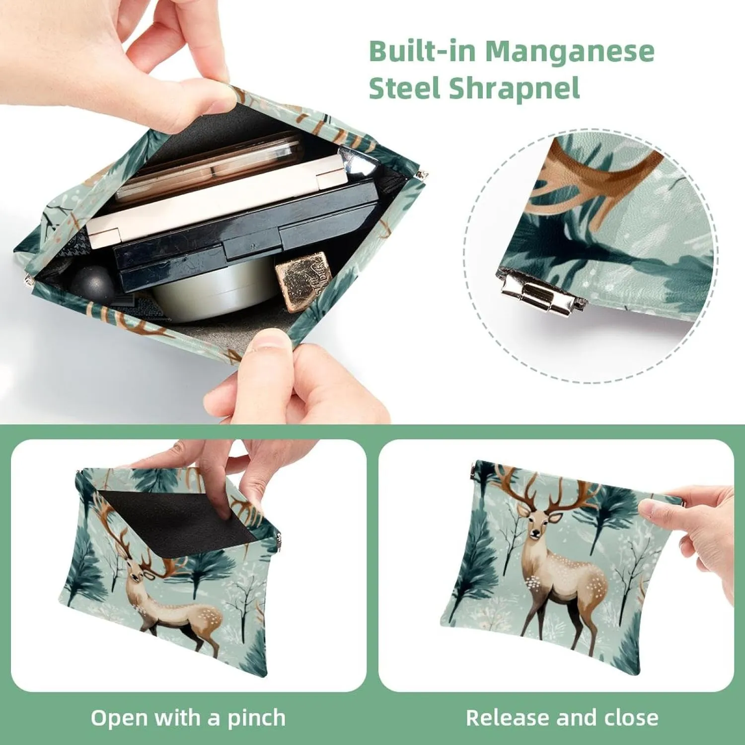 Women’s Pocket Cosmetic Bags, Waterproof Leather Makeup Bag No Zipper Self-Closing Makeup Pouch for Girls, Mini Bag for Purse - Cute Christmas Elk-1834