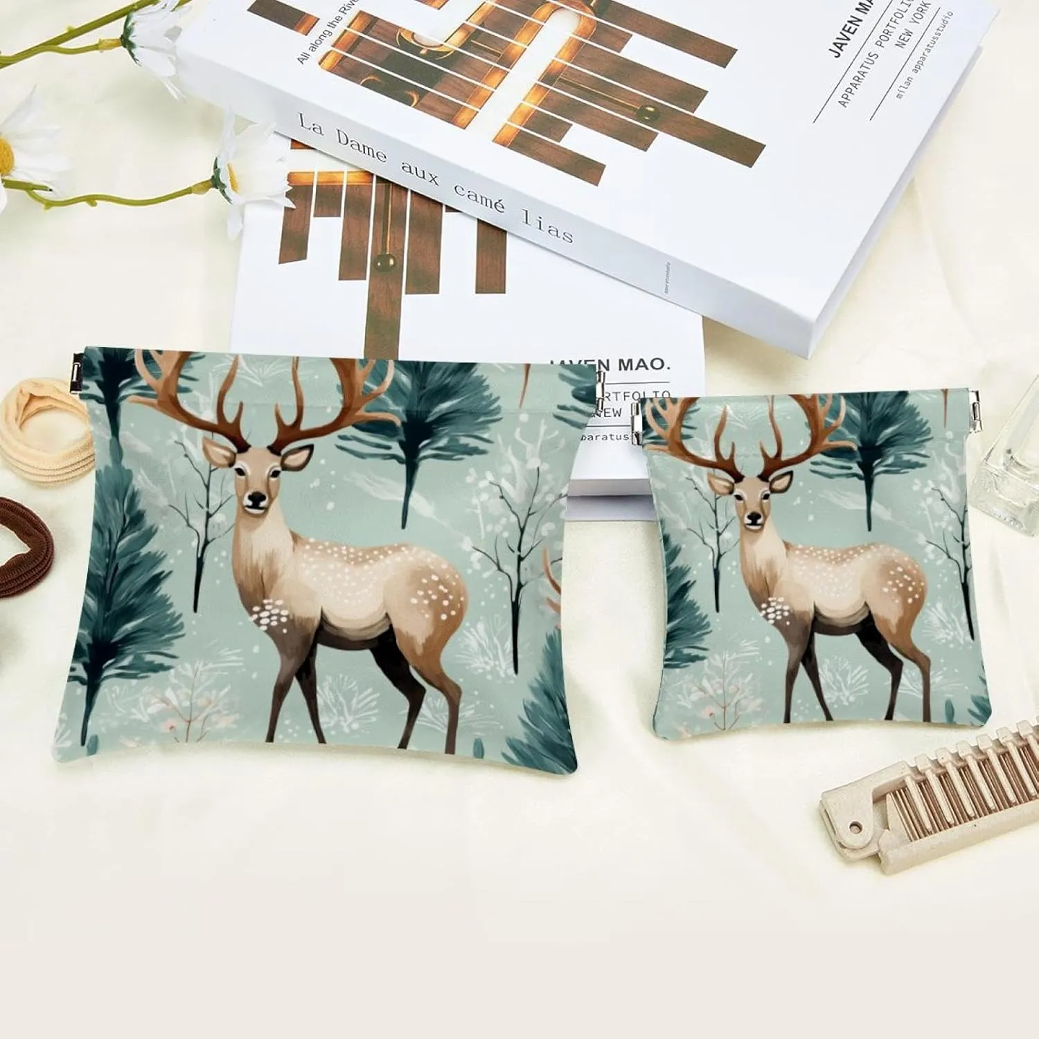 Women’s Pocket Cosmetic Bags, Waterproof Leather Makeup Bag No Zipper Self-Closing Makeup Pouch for Girls, Mini Bag for Purse - Cute Christmas Elk-1834