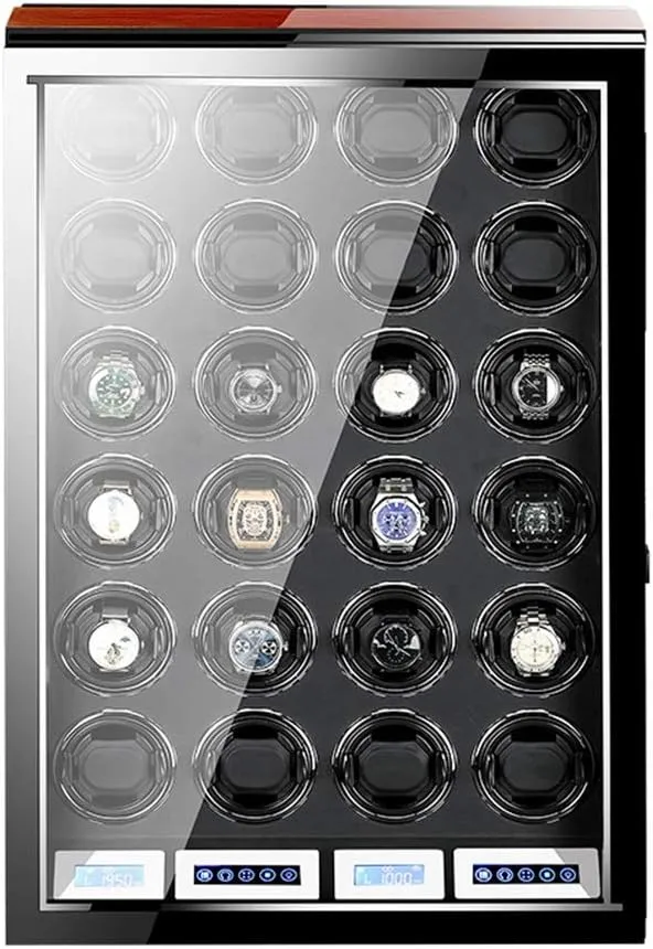 Wooden Watch Winder Box for Automatic Watches with Remote Control LCD Touch Screen Display Piano Paint Exterior LED Light Quiet Motor,