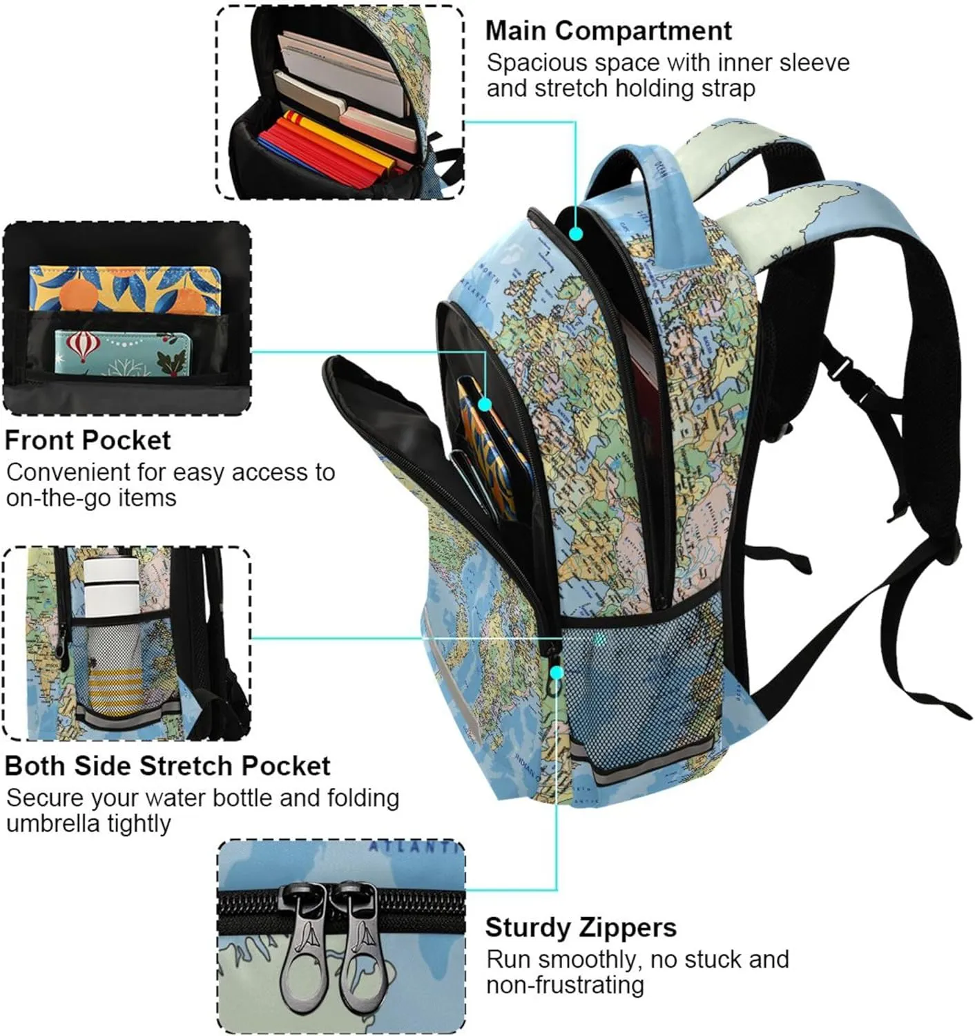 World Map Printing Backpack for Student Kids Rucksack Boys Girls School Bag Travel Daypack