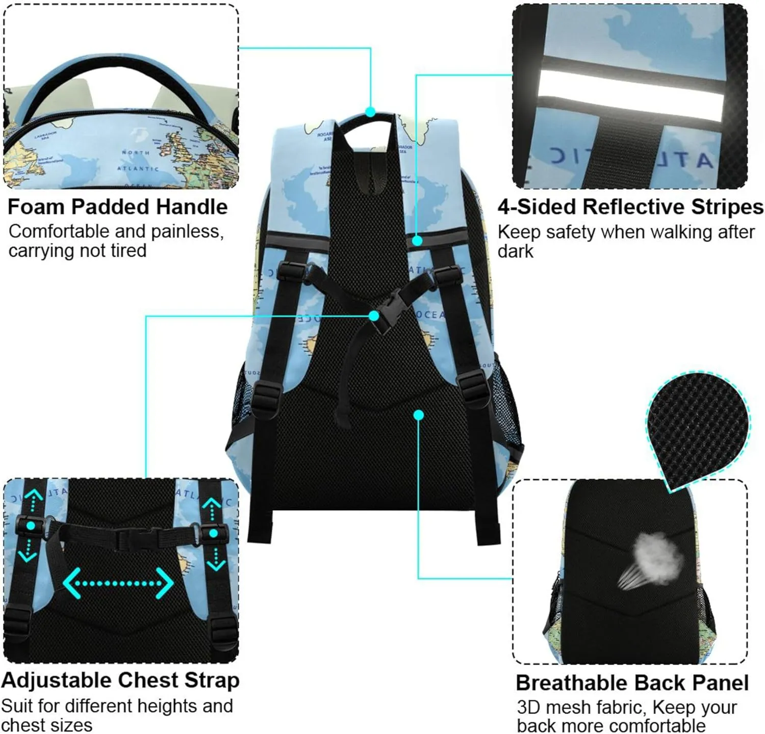 World Map Printing Backpack for Student Kids Rucksack Boys Girls School Bag Travel Daypack