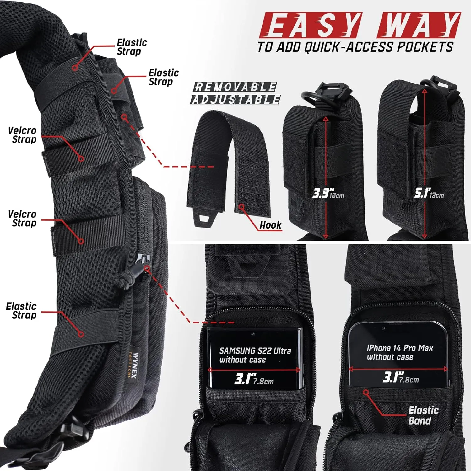 WYNEX Molle Accessories Pouch of Double Zipper Pocket Version, Backpack Strap Pouch Shoulder Strap Molle Attachment Tactical Accessories Bag Shoulder Starps Zipper Pocket Additional Phone Holder
