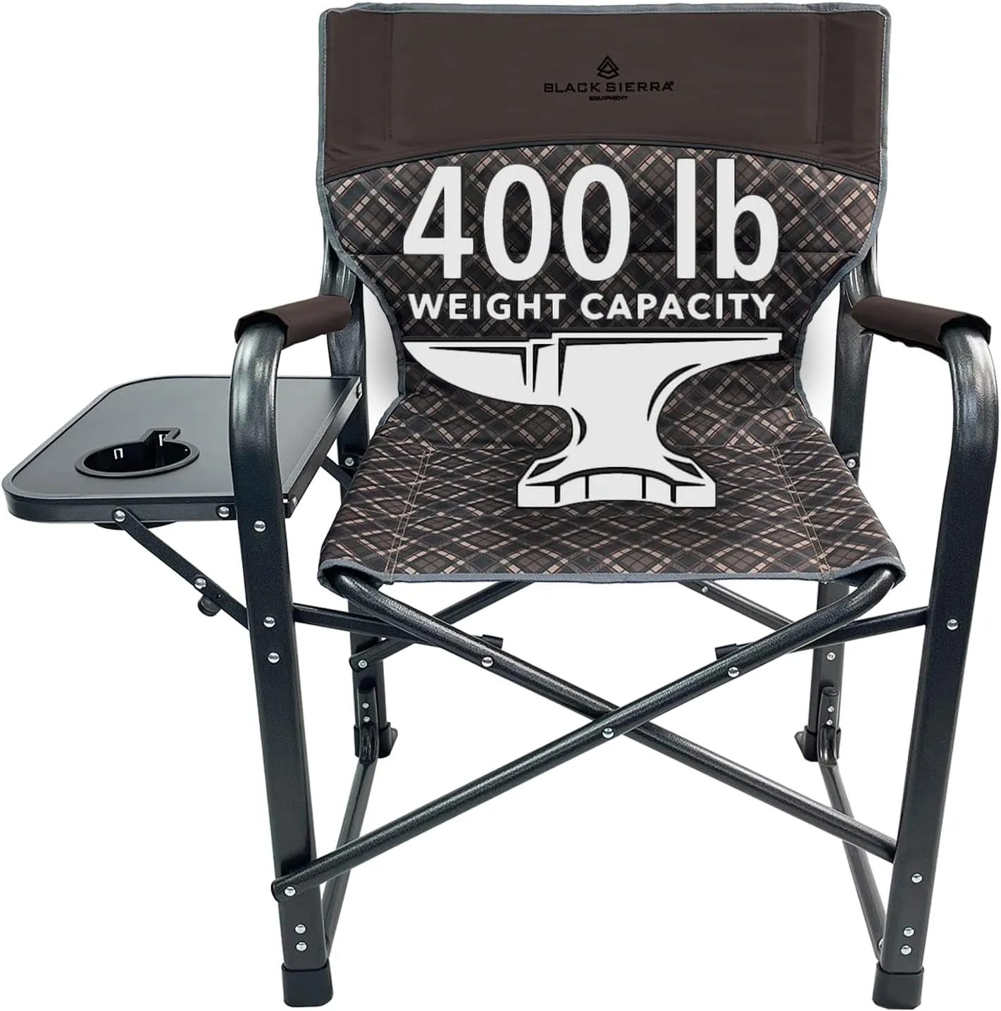 XL Directors Chair with Foldable Side Table, Heavy Duty Camp Chair supports 400 Lbs, Oversize Outdoor Folding Seat with High Back and Padded Armrests for Lawn, Beach, Tailgating, Sports (Brown Plaid)