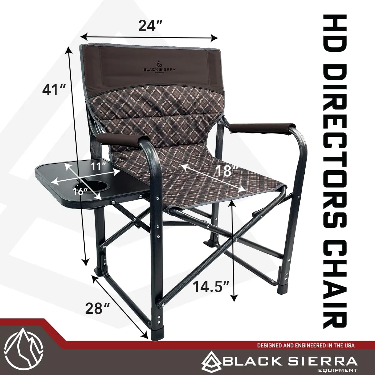 XL Directors Chair with Foldable Side Table, Heavy Duty Camp Chair supports 400 Lbs, Oversize Outdoor Folding Seat with High Back and Padded Armrests for Lawn, Beach, Tailgating, Sports (Brown Plaid)