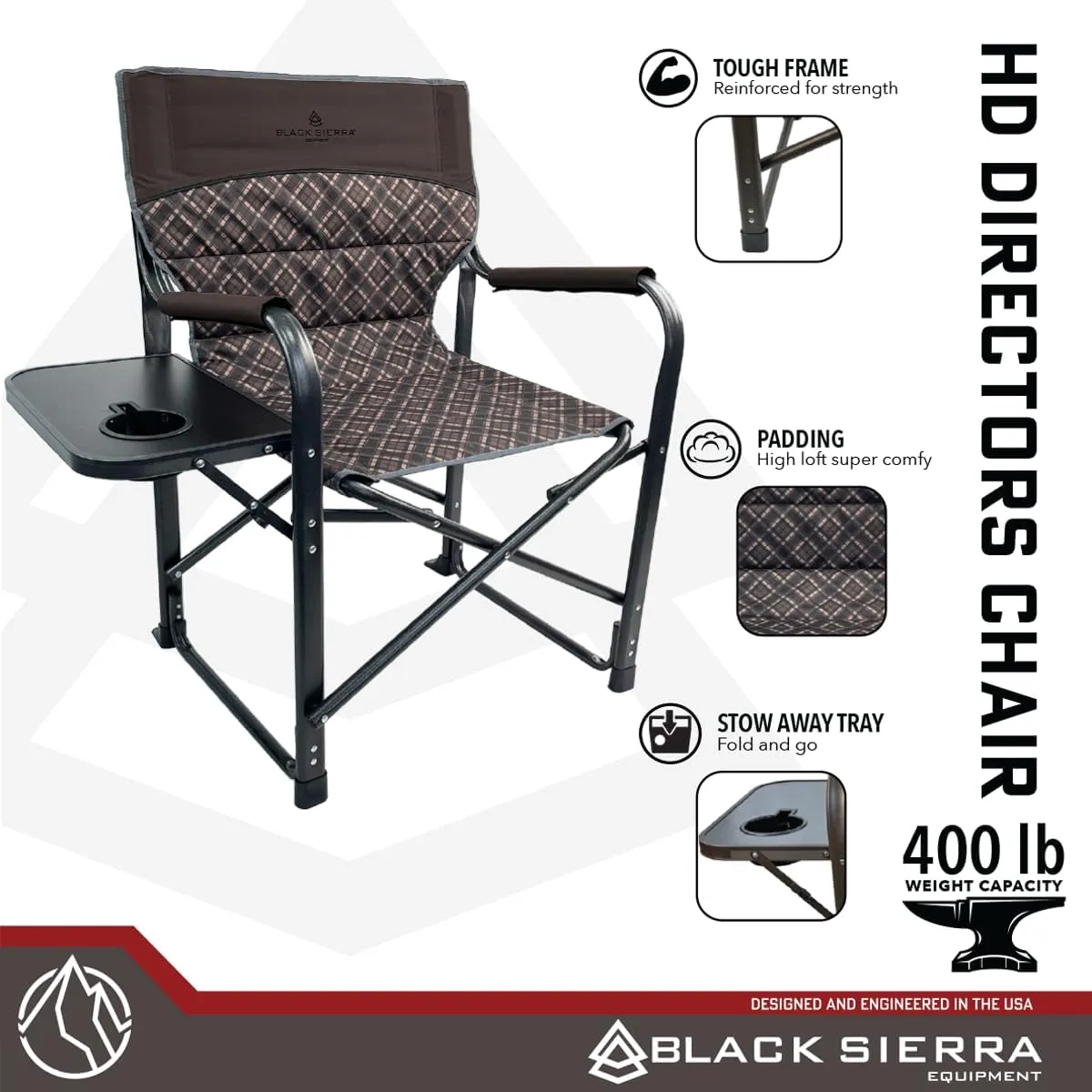 XL Directors Chair with Foldable Side Table, Heavy Duty Camp Chair supports 400 Lbs, Oversize Outdoor Folding Seat with High Back and Padded Armrests for Lawn, Beach, Tailgating, Sports (Brown Plaid)
