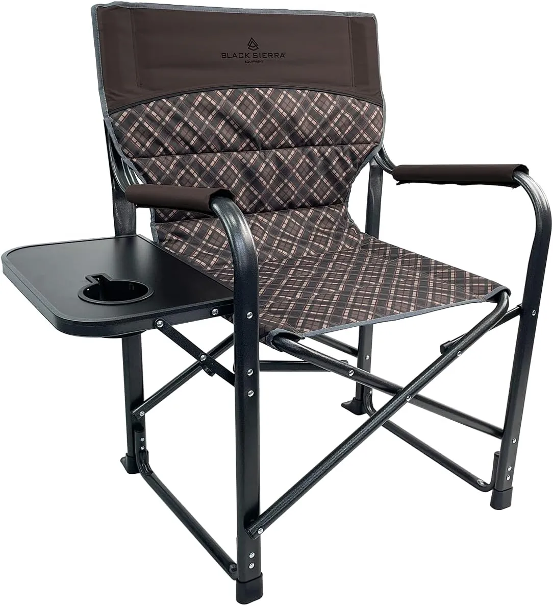 XL Directors Chair with Foldable Side Table, Heavy Duty Camp Chair supports 400 Lbs, Oversize Outdoor Folding Seat with High Back and Padded Armrests for Lawn, Beach, Tailgating, Sports (Brown Plaid)