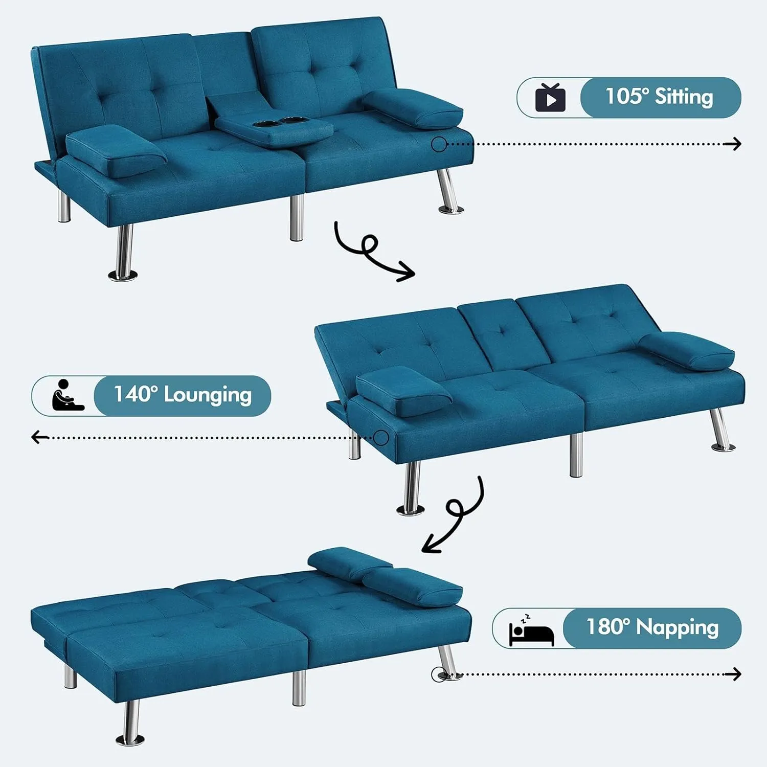 Yaheetech Convertible Sofa Bed Adjustable Fabric Couch Sleeper Modern Recliner Reversible Loveseat Folding Daybed Guest Bed, Removable Armrests, Cup Holders, 3 Angles, 772lb Capacity, Aqua Blue