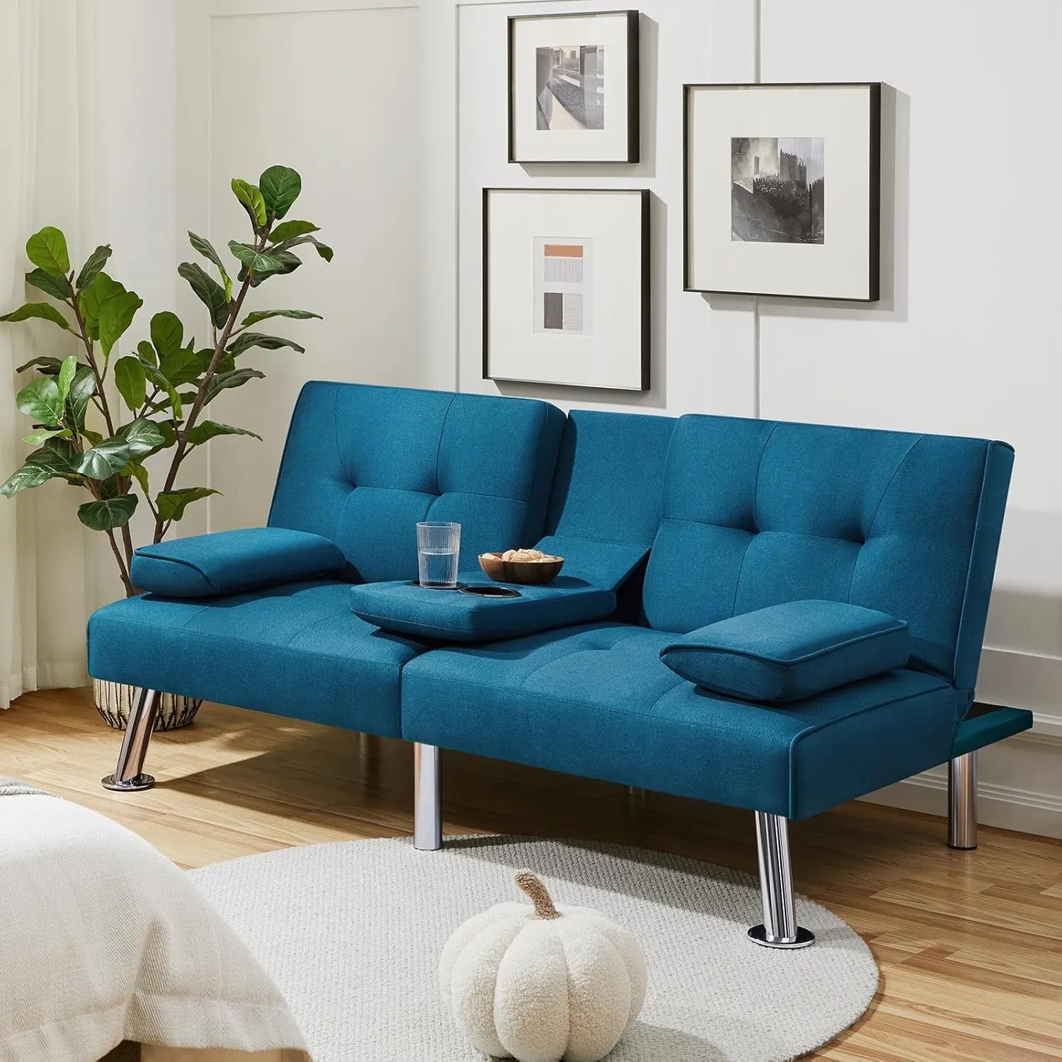 Yaheetech Convertible Sofa Bed Adjustable Fabric Couch Sleeper Modern Recliner Reversible Loveseat Folding Daybed Guest Bed, Removable Armrests, Cup Holders, 3 Angles, 772lb Capacity, Aqua Blue