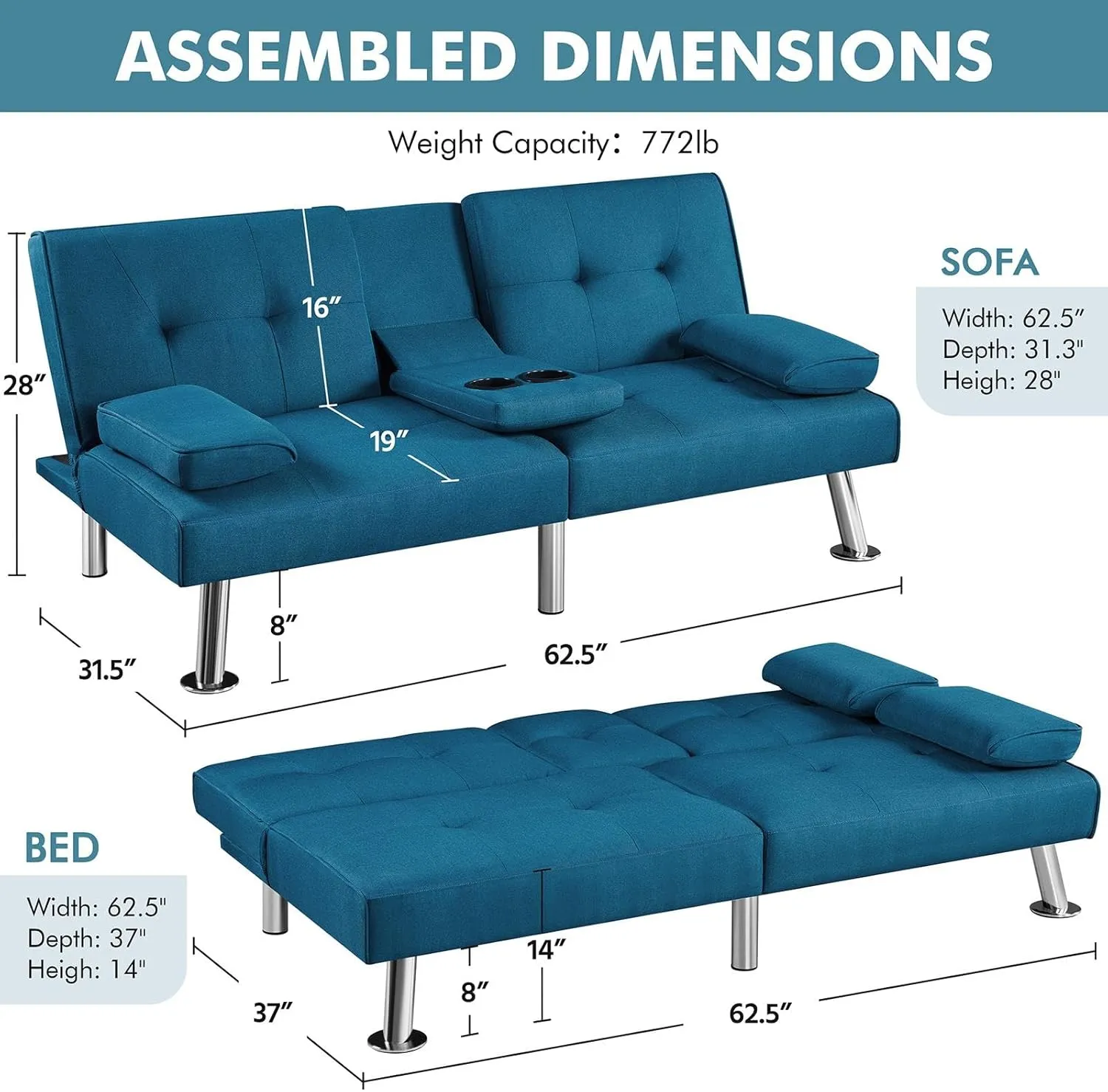 Yaheetech Convertible Sofa Bed Adjustable Fabric Couch Sleeper Modern Recliner Reversible Loveseat Folding Daybed Guest Bed, Removable Armrests, Cup Holders, 3 Angles, 772lb Capacity, Aqua Blue