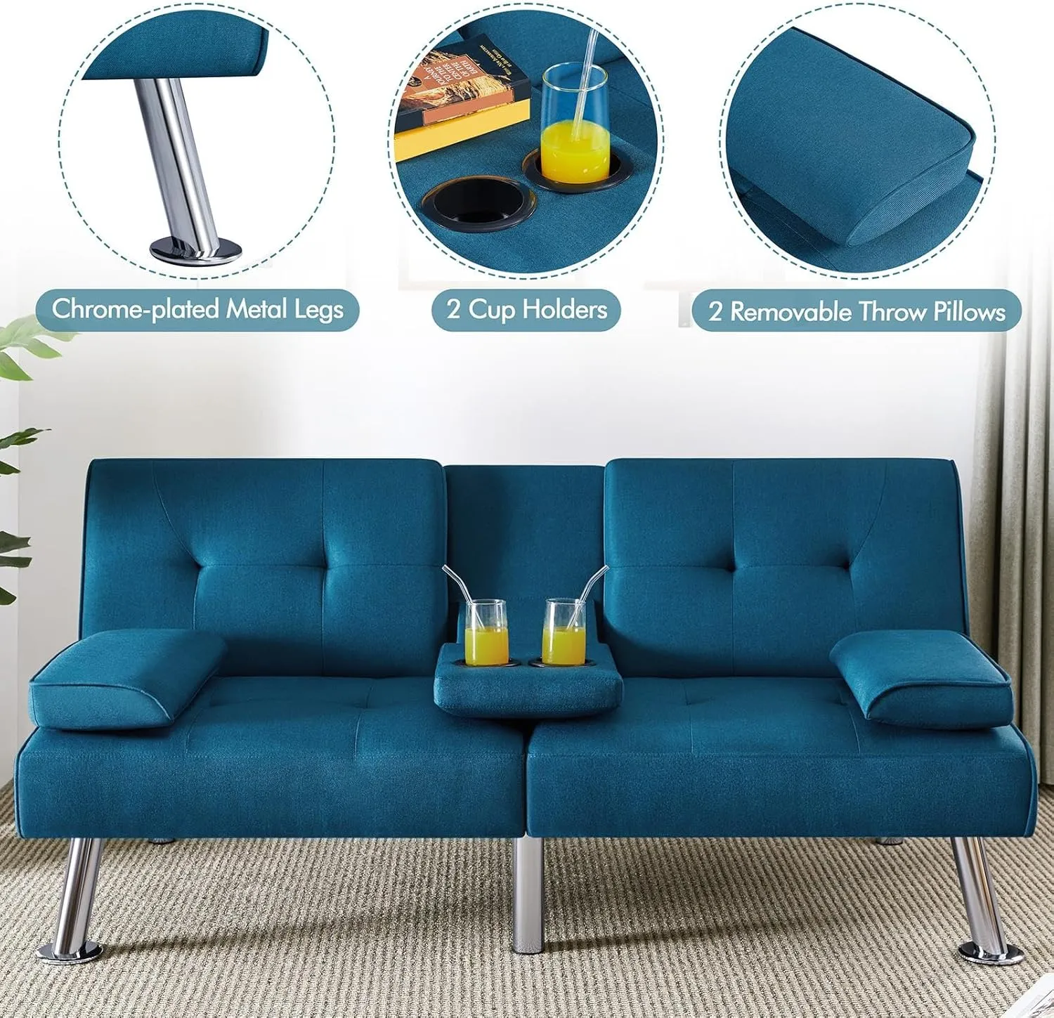 Yaheetech Convertible Sofa Bed Adjustable Fabric Couch Sleeper Modern Recliner Reversible Loveseat Folding Daybed Guest Bed, Removable Armrests, Cup Holders, 3 Angles, 772lb Capacity, Aqua Blue