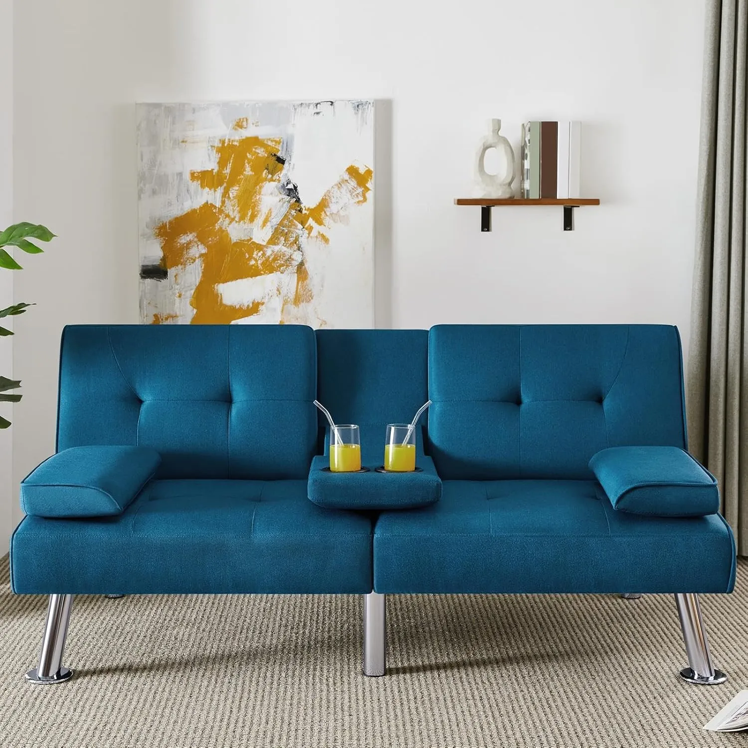 Yaheetech Convertible Sofa Bed Adjustable Fabric Couch Sleeper Modern Recliner Reversible Loveseat Folding Daybed Guest Bed, Removable Armrests, Cup Holders, 3 Angles, 772lb Capacity, Aqua Blue