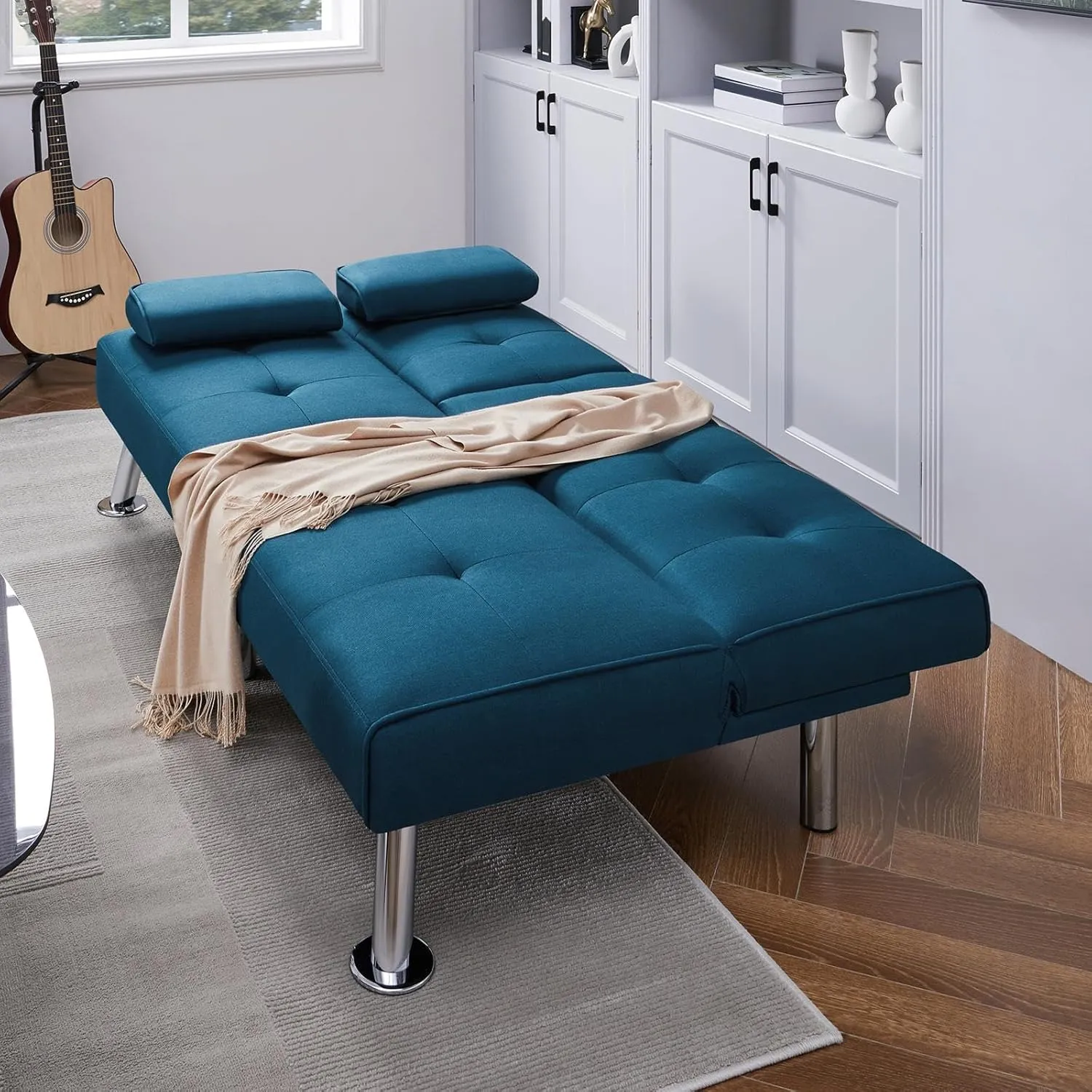 Yaheetech Convertible Sofa Bed Adjustable Fabric Couch Sleeper Modern Recliner Reversible Loveseat Folding Daybed Guest Bed, Removable Armrests, Cup Holders, 3 Angles, 772lb Capacity, Aqua Blue
