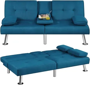 Yaheetech Convertible Sofa Bed Adjustable Fabric Couch Sleeper Modern Recliner Reversible Loveseat Folding Daybed Guest Bed, Removable Armrests, Cup Holders, 3 Angles, 772lb Capacity, Aqua Blue