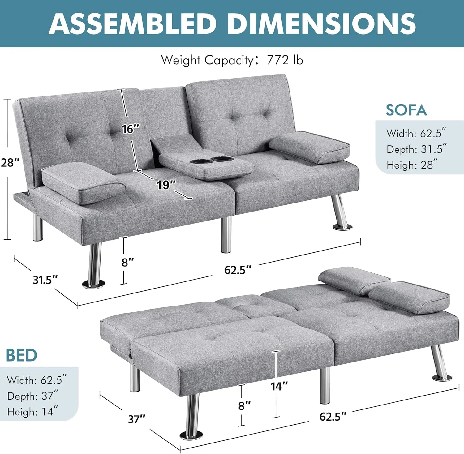 Yaheetech Convertible Sofa Bed Adjustable Fabric Couch Sleeper Modern Recliner Reversible Loveseat Folding Daybed Guest Bed, Removable Armrests, Cup Holders, 3 Angles, 772lb Capacity, Light Gray