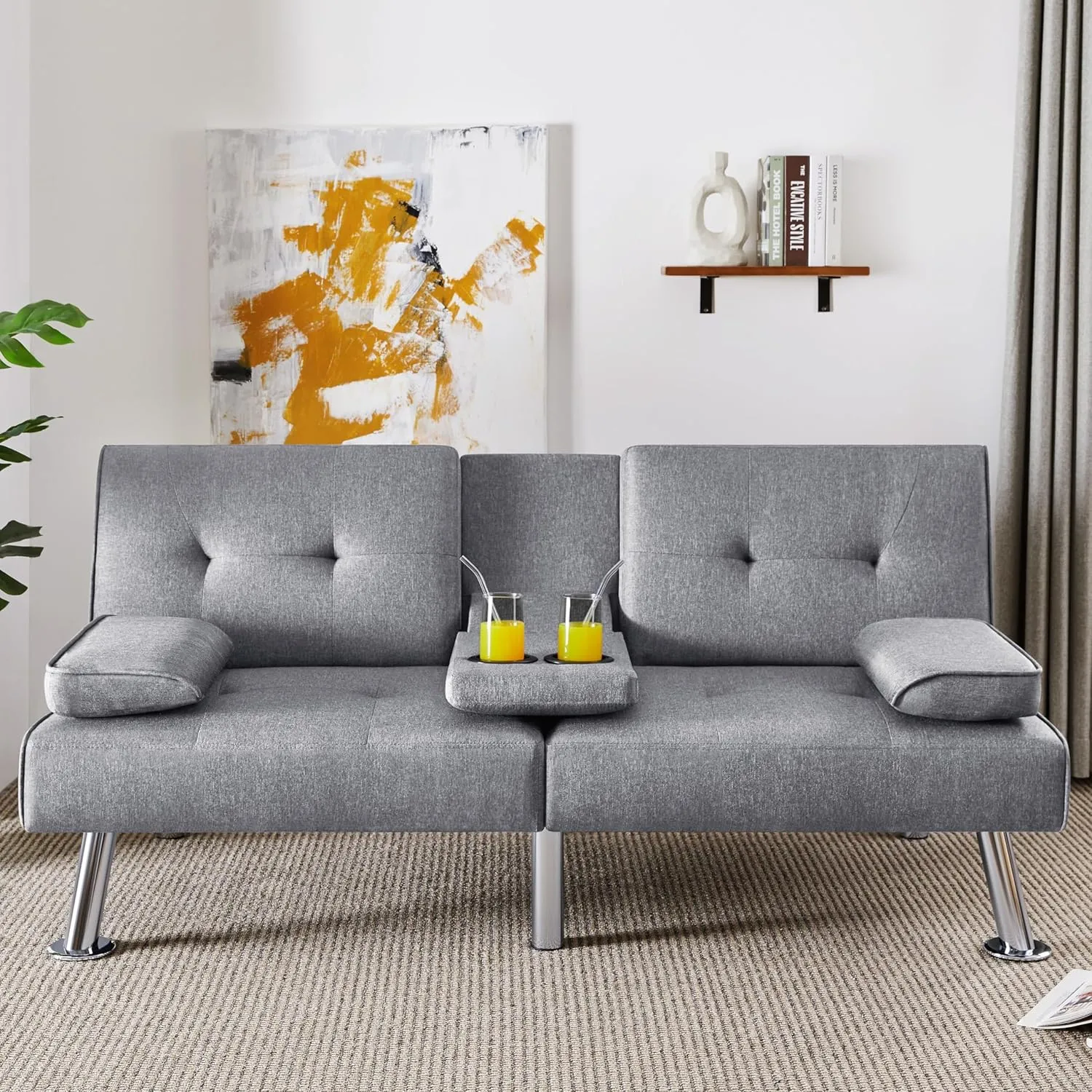 Yaheetech Convertible Sofa Bed Adjustable Fabric Couch Sleeper Modern Recliner Reversible Loveseat Folding Daybed Guest Bed, Removable Armrests, Cup Holders, 3 Angles, 772lb Capacity, Light Gray
