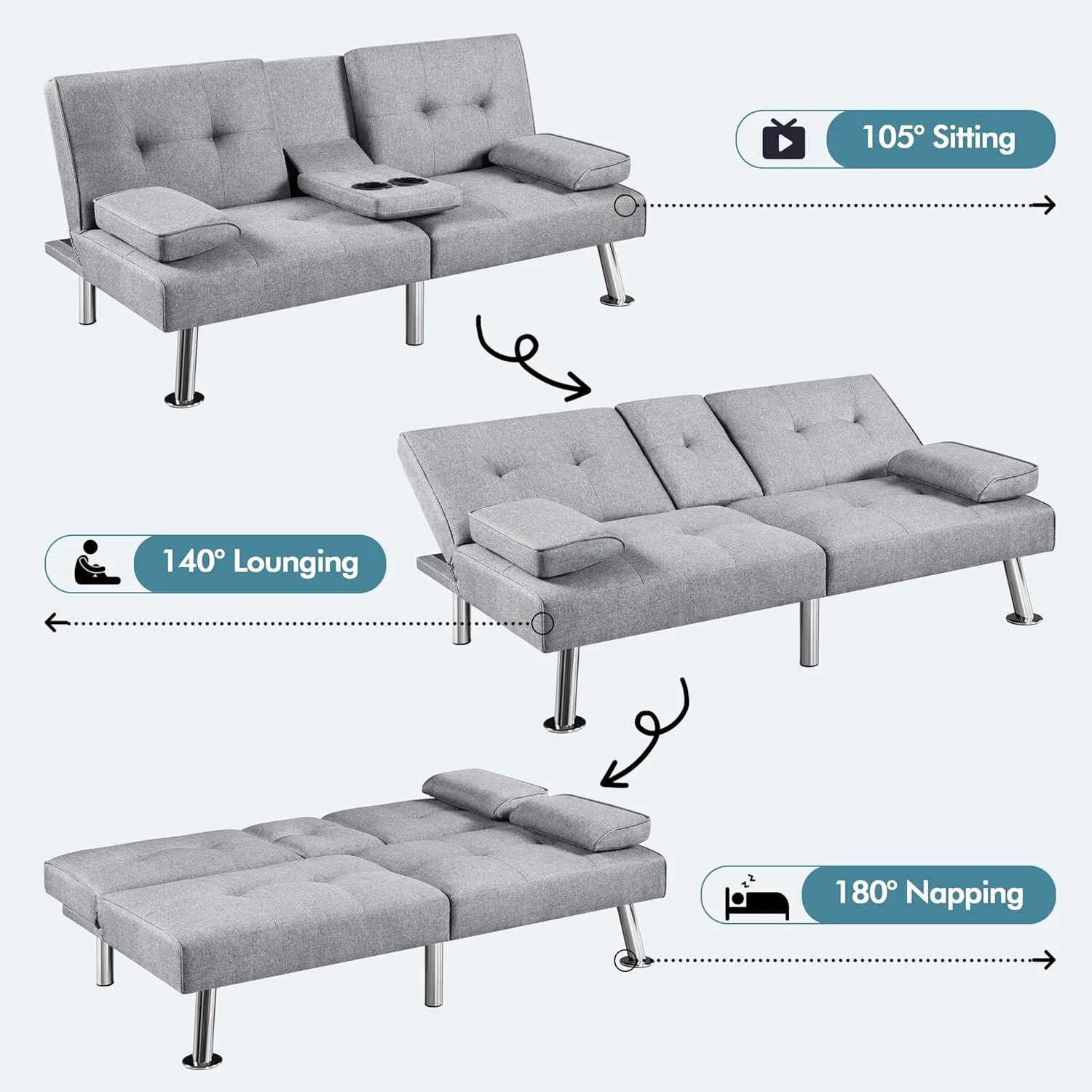 Yaheetech Convertible Sofa Bed Adjustable Fabric Couch Sleeper Modern Recliner Reversible Loveseat Folding Daybed Guest Bed, Removable Armrests, Cup Holders, 3 Angles, 772lb Capacity, Light Gray