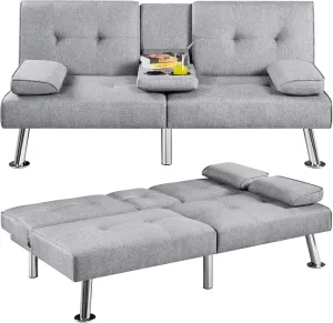 Yaheetech Convertible Sofa Bed Adjustable Fabric Couch Sleeper Modern Recliner Reversible Loveseat Folding Daybed Guest Bed, Removable Armrests, Cup Holders, 3 Angles, 772lb Capacity, Light Gray