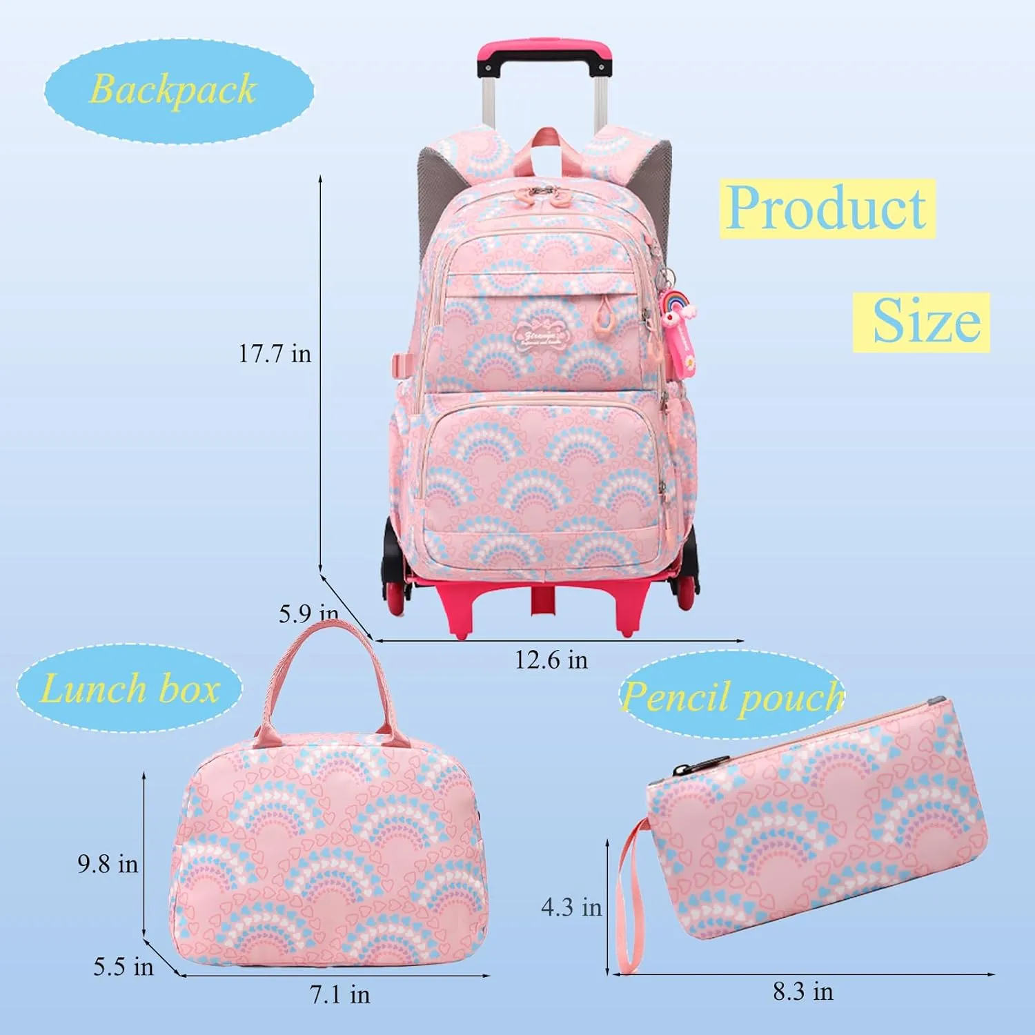 YJMKOI 3PCS Heart Print Rolling Backpack for Girls Colorful Elementary Trolley School Bags Kids Book Bags Set with wheels