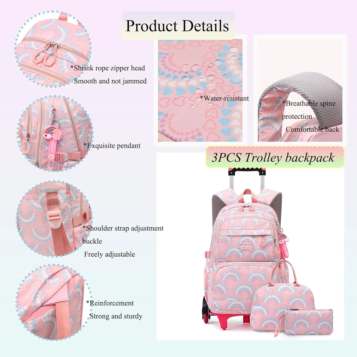 YJMKOI 3PCS Heart Print Rolling Backpack for Girls Colorful Elementary Trolley School Bags Kids Book Bags Set with wheels