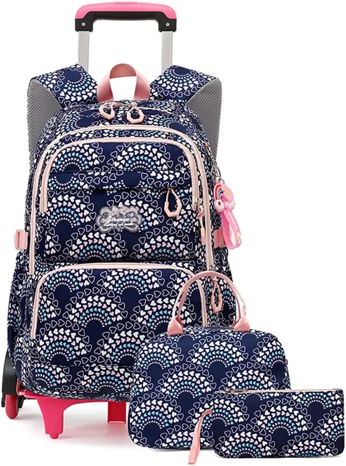 YJMKOI 3PCS Heart Print Rolling Backpack for Girls Colorful Elementary Trolley School Bags Kids Book Bags Set with wheels