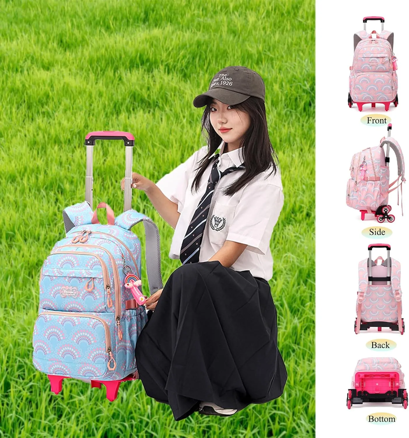 YJMKOI 3PCS Heart Print Rolling Backpack for Girls Colorful Elementary Trolley School Bags Kids Book Bags Set with wheels