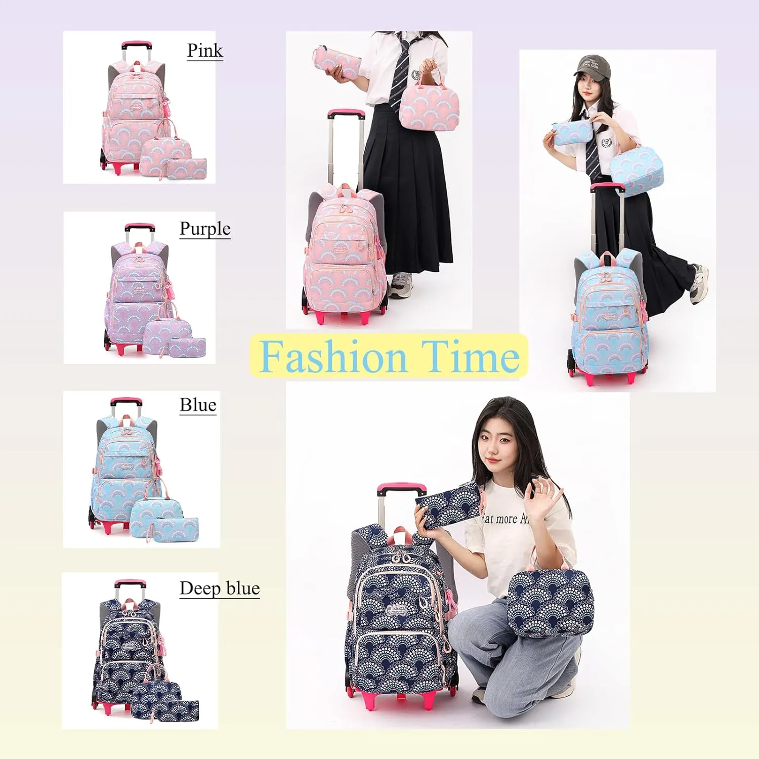 YJMKOI 3PCS Heart Print Rolling Backpack for Girls Colorful Elementary Trolley School Bags Kids Book Bags Set with wheels