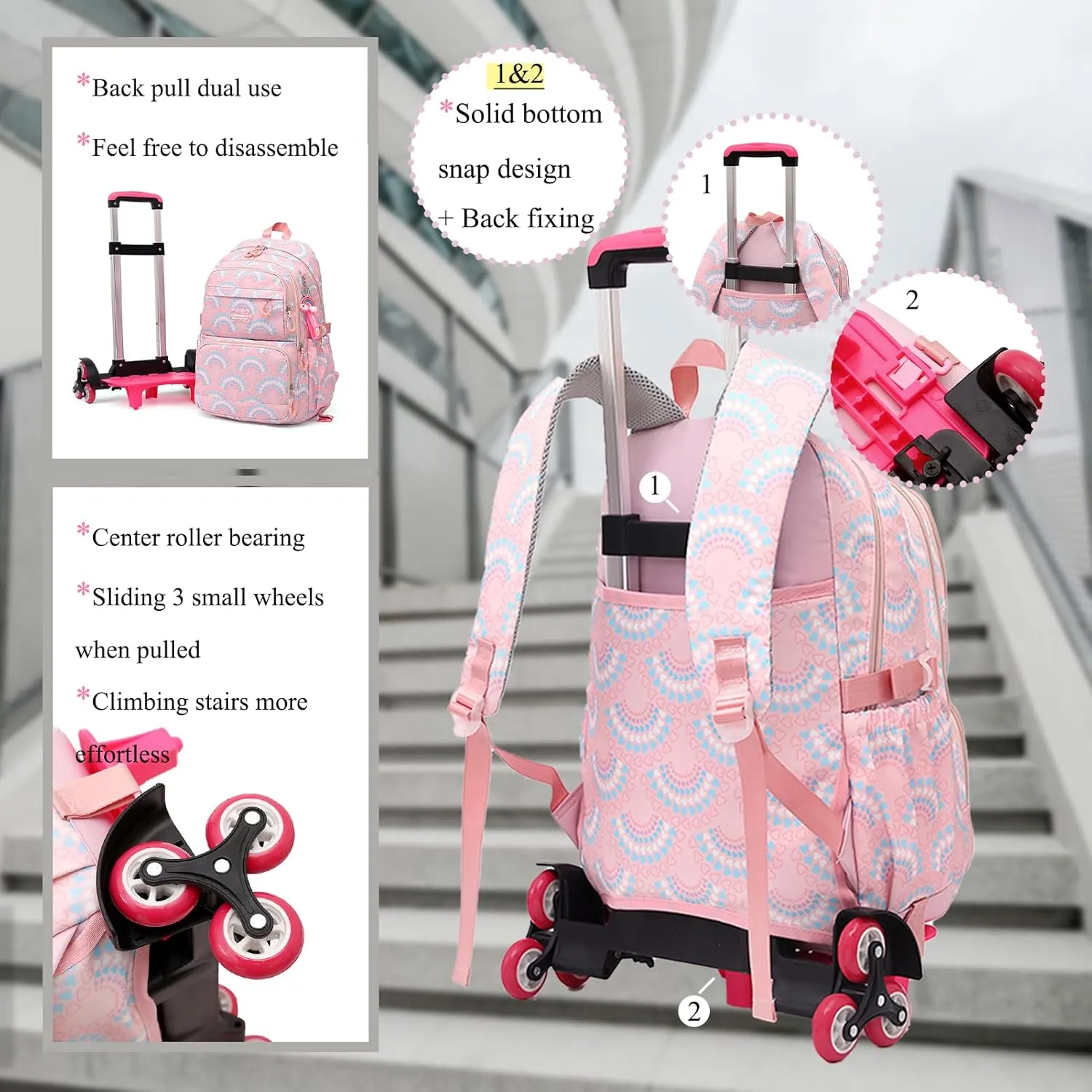 YJMKOI 3PCS Heart Print Rolling Backpack for Girls Colorful Elementary Trolley School Bags Kids Book Bags Set with wheels