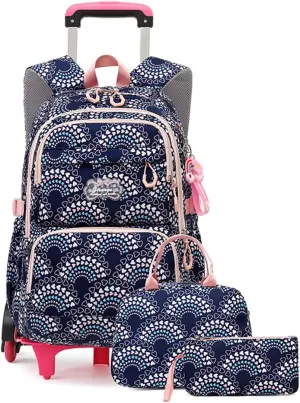 YJMKOI 3PCS Heart Print Rolling Backpack for Girls Colorful Elementary Trolley School Bags Kids Book Bags Set with wheels