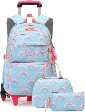 YJMKOI Girls Rolling Backpack Set Trolley Backpack for Girls with Lunch Box Carry-on Luggage BookBag Kids School Bags with Wheels