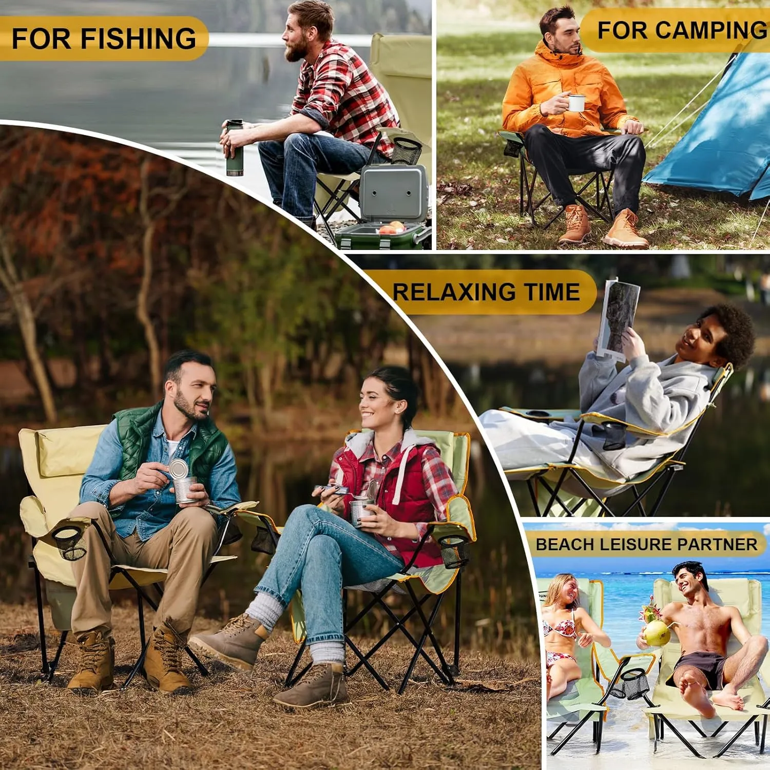YOUNG WOOD Camping Lounge Chair, Portable Reclining Camping Chair with Foot Rest, Folding Camping Chair for Adults, Headrest & Storage Bag, Mesh Recliner with Backpack, 330lbs Weight Capacity，Green