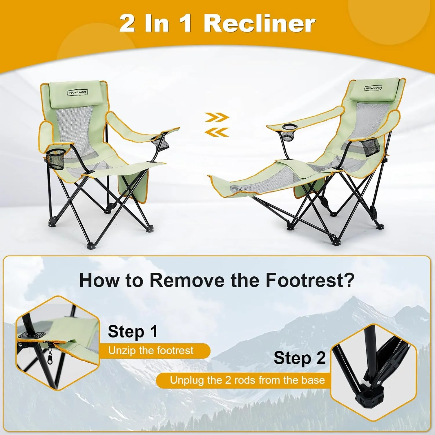 YOUNG WOOD Camping Lounge Chair, Portable Reclining Camping Chair with Foot Rest, Folding Camping Chair for Adults, Headrest & Storage Bag, Mesh Recliner with Backpack, 330lbs Weight Capacity，Green