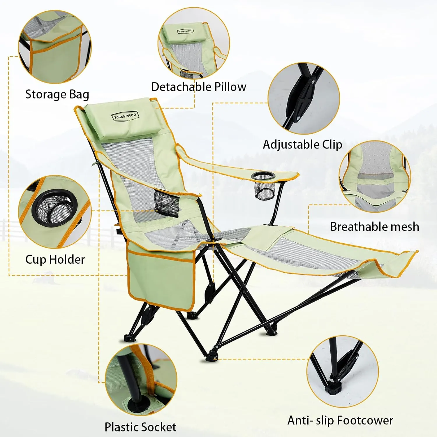 YOUNG WOOD Camping Lounge Chair, Portable Reclining Camping Chair with Foot Rest, Folding Camping Chair for Adults, Headrest & Storage Bag, Mesh Recliner with Backpack, 330lbs Weight Capacity，Green