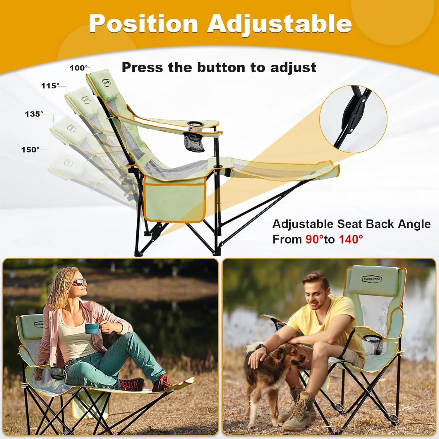 YOUNG WOOD Camping Lounge Chair, Portable Reclining Camping Chair with Foot Rest, Folding Camping Chair for Adults, Headrest & Storage Bag, Mesh Recliner with Backpack, 330lbs Weight Capacity，Green